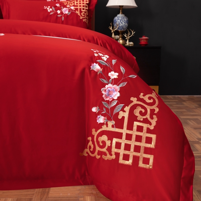 91家纺网 家纺一手货源 找家纺 慕她婚庆四件套大红色结婚全棉纯棉刺绣花多件套直播 暗香大红