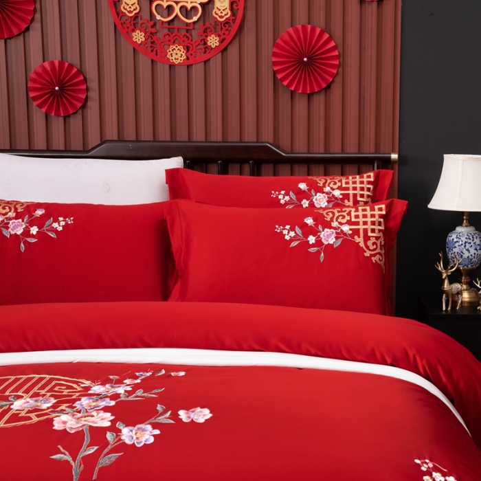 91家纺网 家纺一手货源 找家纺 慕她婚庆四件套大红色结婚全棉纯棉刺绣花多件套直播 暗香大红