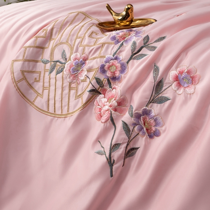 91家纺网 家纺一手货源 找家纺 慕她婚庆四件套大红色结婚全棉纯棉刺绣花多件套直播 暗香豆沙