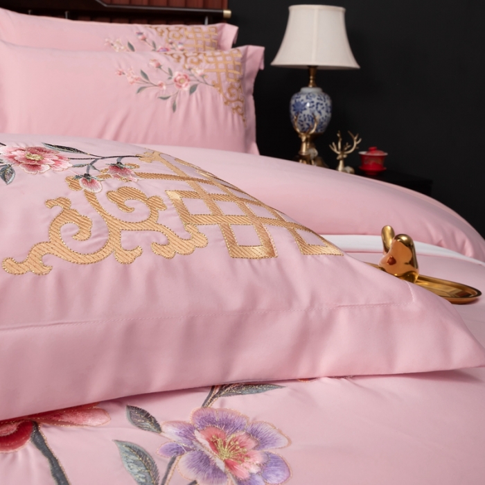 91家纺网 家纺一手货源 找家纺 慕她婚庆四件套大红色结婚全棉纯棉刺绣花多件套直播 暗香豆沙