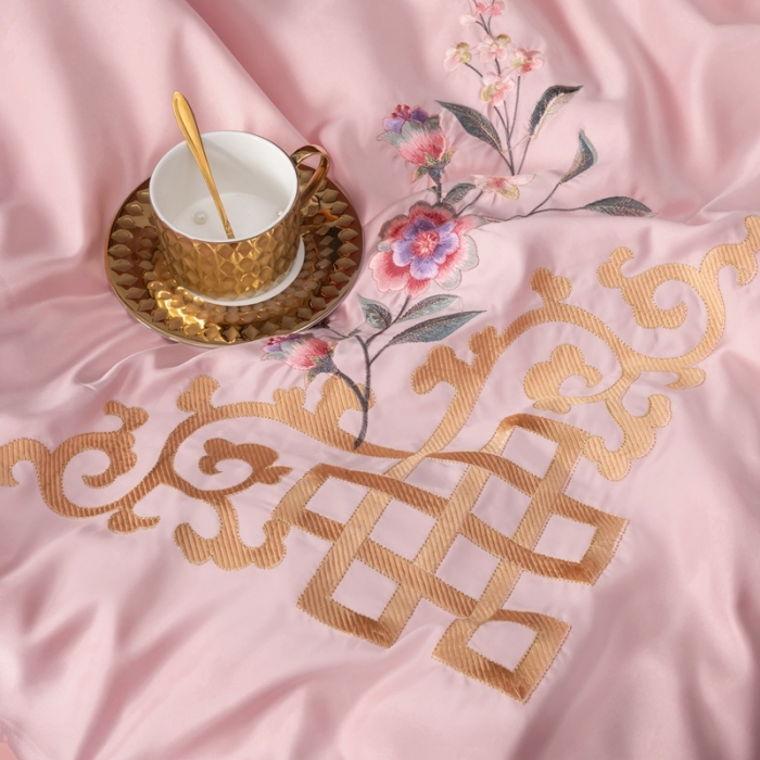 91家纺网 家纺一手货源 找家纺 慕她婚庆四件套大红色结婚全棉纯棉刺绣花多件套直播 暗香豆沙