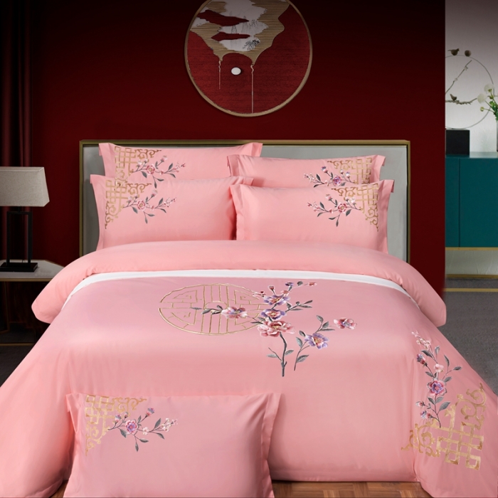 91家纺网 家纺一手货源 找家纺 慕她婚庆四件套大红色结婚全棉纯棉刺绣花多件套直播 暗香粉玉