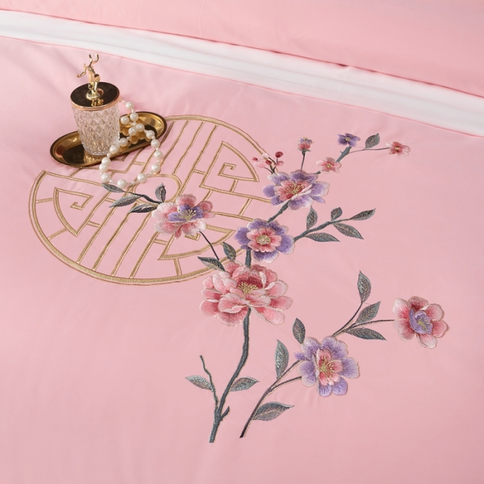 91家纺网 家纺一手货源 找家纺 慕她婚庆四件套大红色结婚全棉纯棉刺绣花多件套直播 暗香粉玉