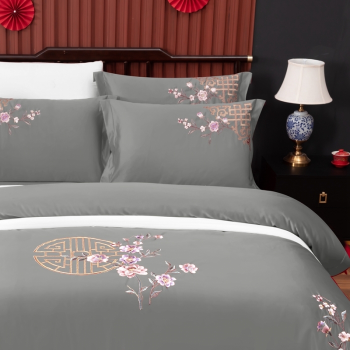 91家纺网 家纺一手货源 找家纺 慕她婚庆四件套大红色结婚全棉纯棉刺绣花多件套直播 暗香灰豆绿