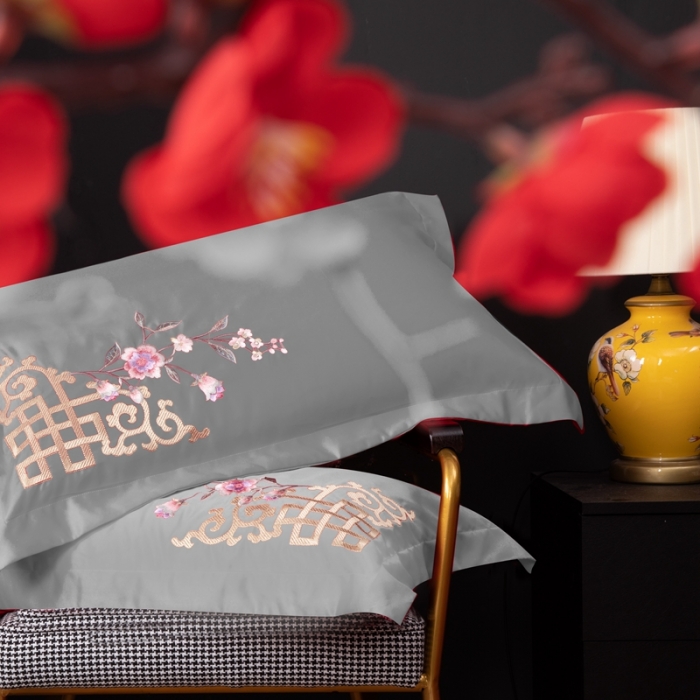 91家纺网 家纺一手货源 找家纺 慕她婚庆四件套大红色结婚全棉纯棉刺绣花多件套直播 暗香灰豆绿