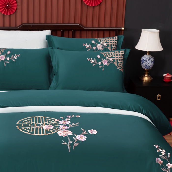 91家纺网 家纺一手货源 找家纺 慕她婚庆四件套大红色结婚全棉纯棉刺绣花多件套直播 暗香孔雀绿