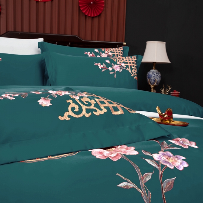 91家纺网 家纺一手货源 找家纺 慕她婚庆四件套大红色结婚全棉纯棉刺绣花多件套直播 暗香孔雀绿