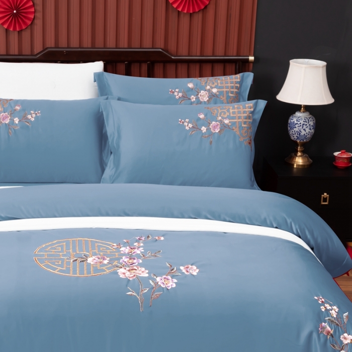 91家纺网 家纺一手货源 找家纺 慕她婚庆四件套大红色结婚全棉纯棉刺绣花多件套直播 暗香蓝灰