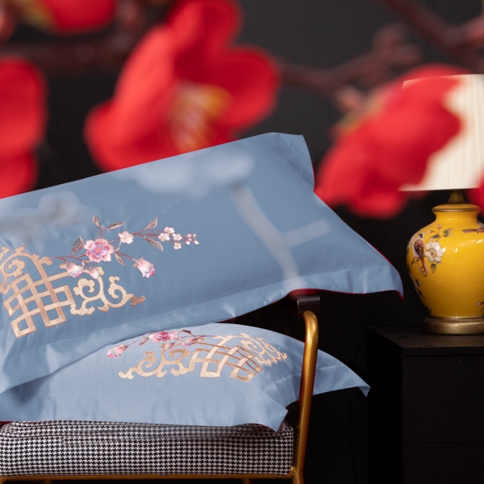 91家纺网 家纺一手货源 找家纺 慕她婚庆四件套大红色结婚全棉纯棉刺绣花多件套直播 暗香蓝灰