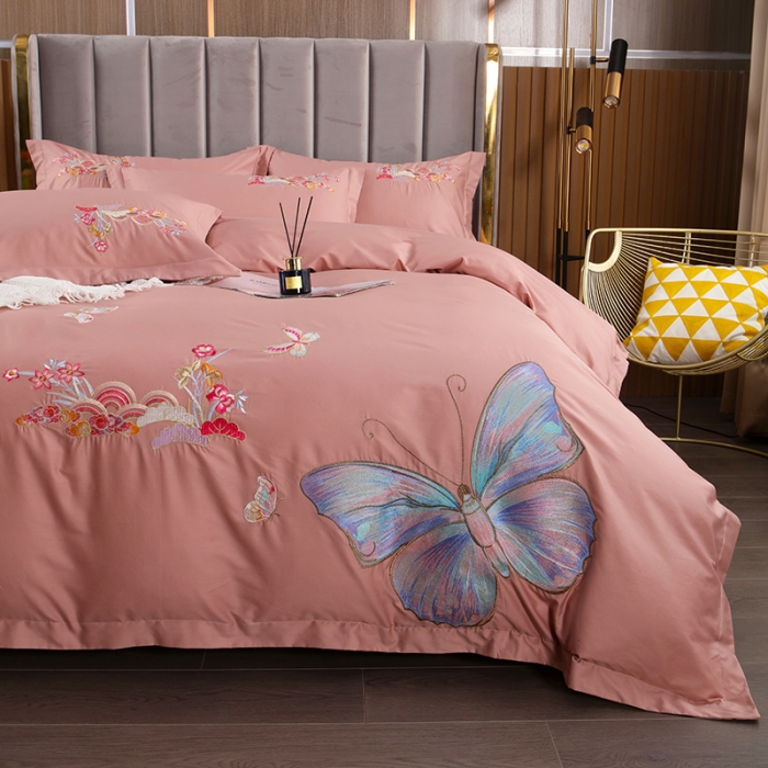 91家纺网 家纺一手货源 找家纺 慕她婚庆四件套大红色结婚全棉纯棉刺绣花多件套直播 花香蝶舞豆沙