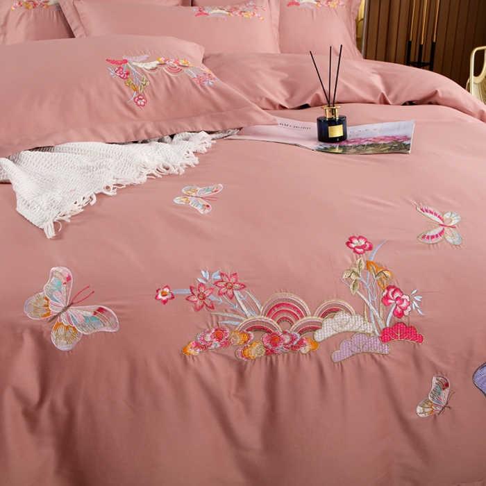 91家纺网 家纺一手货源 找家纺 慕她婚庆四件套大红色结婚全棉纯棉刺绣花多件套直播 花香蝶舞豆沙