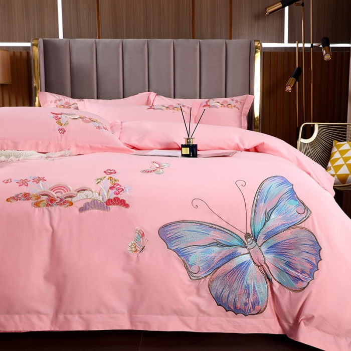 91家纺网 家纺一手货源 找家纺 慕她婚庆四件套大红色结婚全棉纯棉刺绣花多件套直播 花香蝶舞粉玉