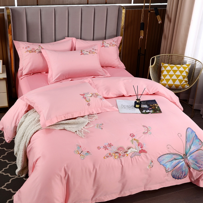 91家纺网 家纺一手货源 找家纺 慕她婚庆四件套大红色结婚全棉纯棉刺绣花多件套直播 花香蝶舞粉玉