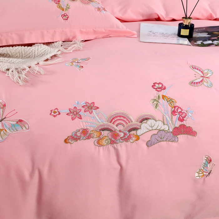 91家纺网 家纺一手货源 找家纺 慕她婚庆四件套大红色结婚全棉纯棉刺绣花多件套直播 花香蝶舞粉玉