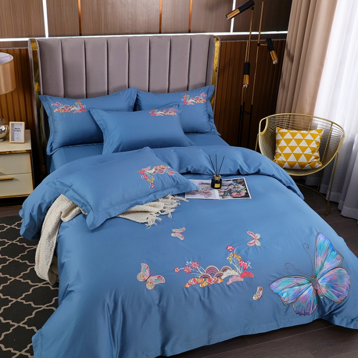 91家纺网 家纺一手货源 找家纺 慕她婚庆四件套大红色结婚全棉纯棉刺绣花多件套直播 花香蝶舞蓝灰