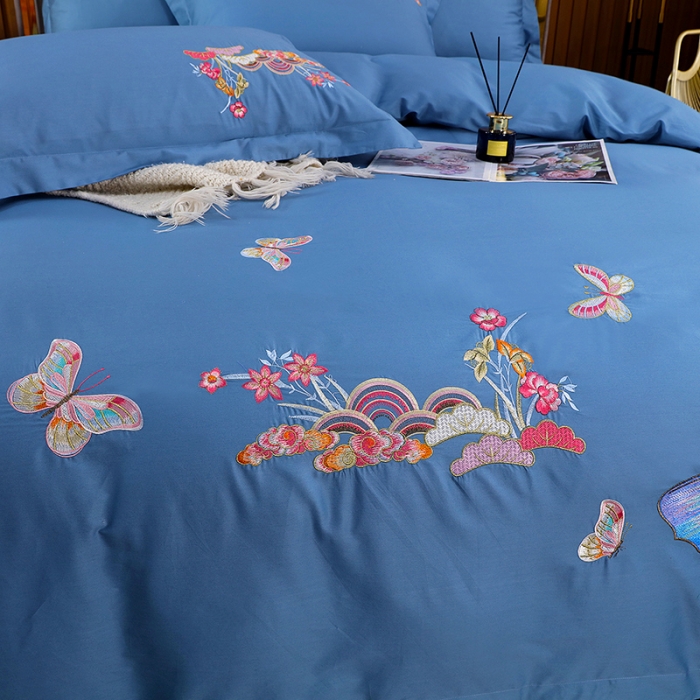 91家纺网 家纺一手货源 找家纺 慕她婚庆四件套大红色结婚全棉纯棉刺绣花多件套直播 花香蝶舞蓝灰