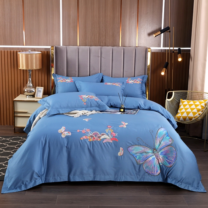 91家纺网 家纺一手货源 找家纺 慕她婚庆四件套大红色结婚全棉纯棉刺绣花多件套直播 花香蝶舞蓝灰