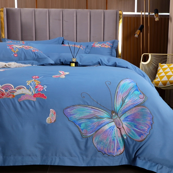 91家纺网 家纺一手货源 找家纺 慕她婚庆四件套大红色结婚全棉纯棉刺绣花多件套直播 花香蝶舞蓝灰