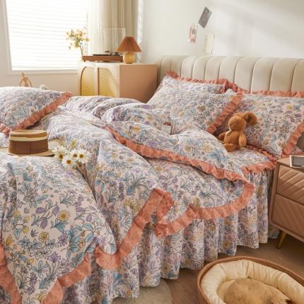 91家纺网 家纺一手货源 找家纺 恋尚 2023新款蜜桃棉印花夹棉床裙款四件套 花遇