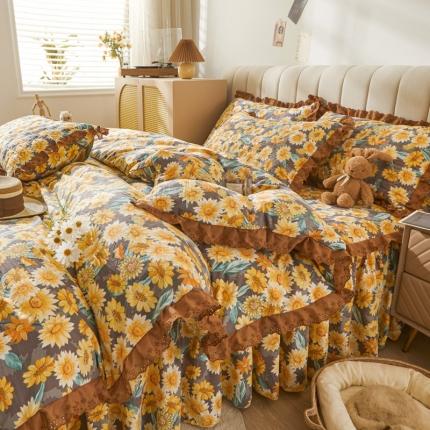 91家纺网 家纺一手货源 找家纺 恋尚 2023新款蜜桃棉印花夹棉床裙款四件套 向日葵