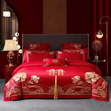 慕她婚庆四件套大红色结婚全棉纯棉刺绣花多件套直播 缔结良缘金