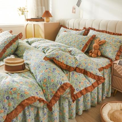 恋尚 2023新款蜜桃棉印花夹棉床裙款四件套 苍蓝