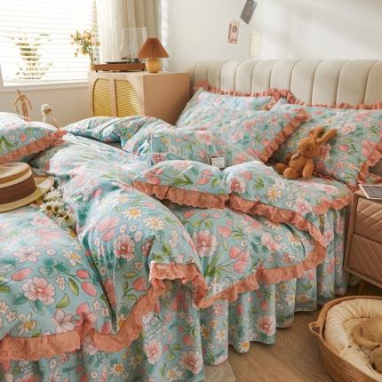 恋尚 2023新款蜜桃棉印花夹棉床裙款四件套 郁金香