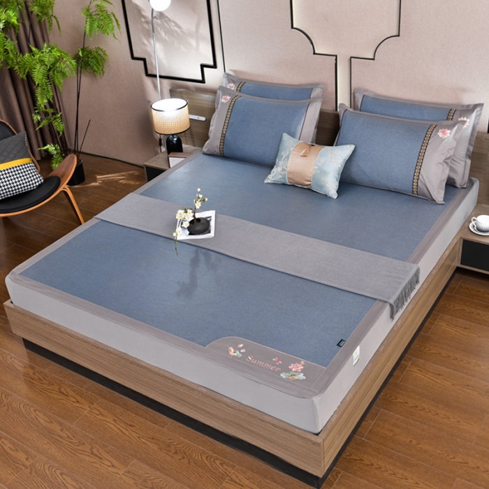 91家纺网 家纺一手货源 找家纺 简一2024新款荷塘月色系列冰藤凉席床笠款 荷塘月色-冰藤海蓝