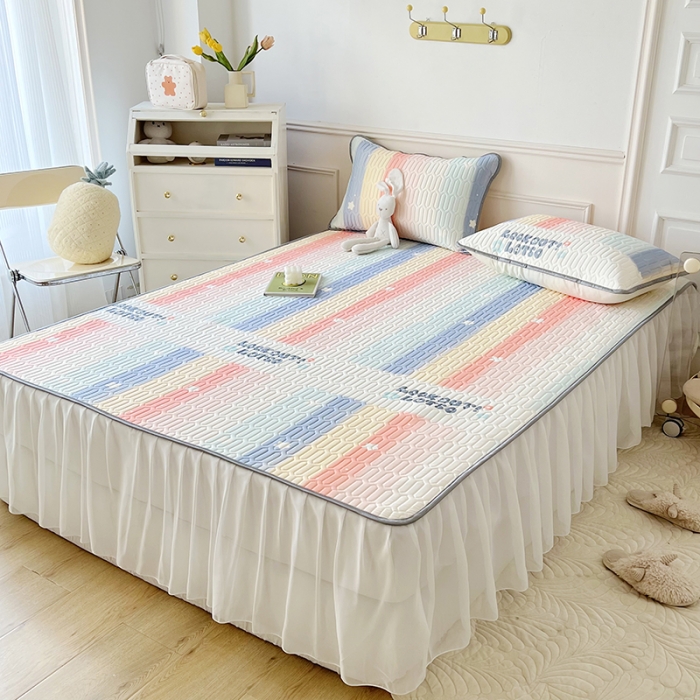 91家纺网 家纺一手货源 找家纺 纽缦 2023新款乳胶床裙三件套 彩虹语