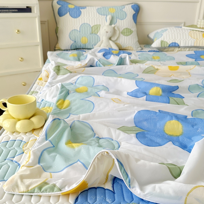 91家纺网 家纺一手货源 找家纺 纽缦 2023新款乳胶床单四件套 花季-白蓝