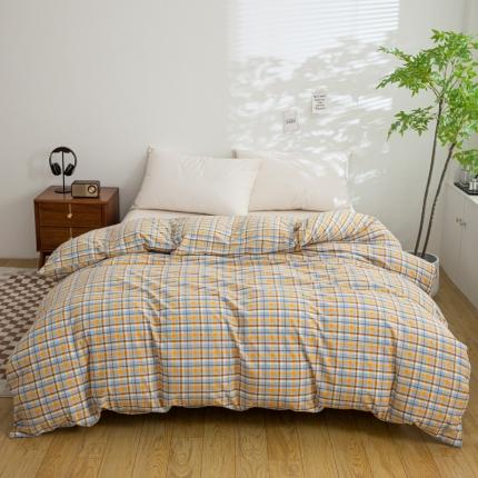 91家纺网 家纺一手货源 找家纺 柠萌家居 2023年新款无印风格A类全棉色织水洗棉四件套 布莱格-蓝