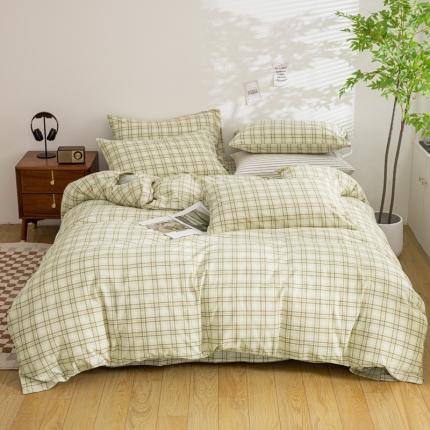 91家纺网 家纺一手货源 找家纺 柠萌家居 2023年新款无印风格A类全棉色织水洗棉四件套 唯格-水绿