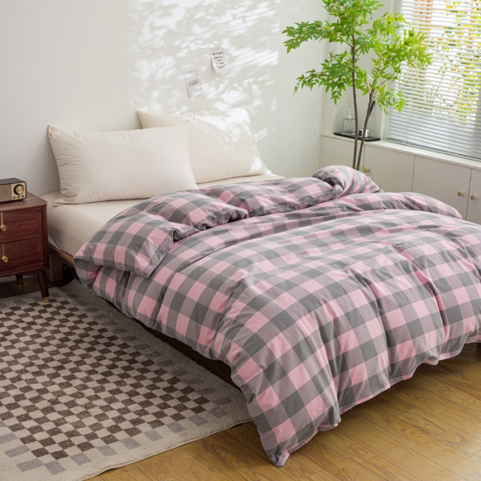 91家纺网 家纺一手货源 找家纺 柠萌家居 2023年新款无印风格A类全棉色织水洗棉四件套 艾伦-粉