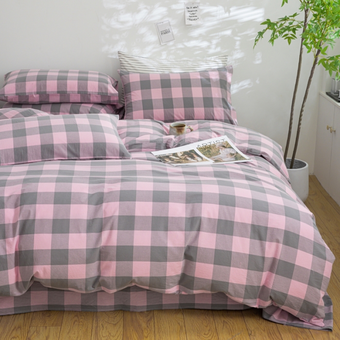 91家纺网 家纺一手货源 找家纺 柠萌家居 2023年新款无印风格A类全棉色织水洗棉四件套 艾伦-粉