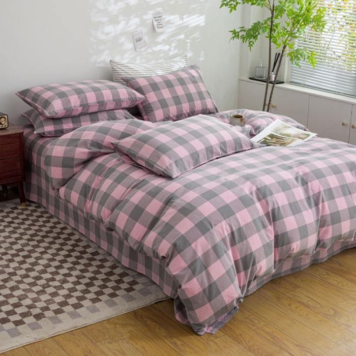 91家纺网 家纺一手货源 找家纺 柠萌家居 2023年新款无印风格A类全棉色织水洗棉四件套 艾伦-粉