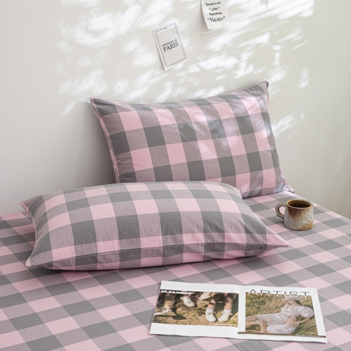 91家纺网 家纺一手货源 找家纺 柠萌家居 2023年新款无印风格A类全棉色织水洗棉四件套 艾伦-粉