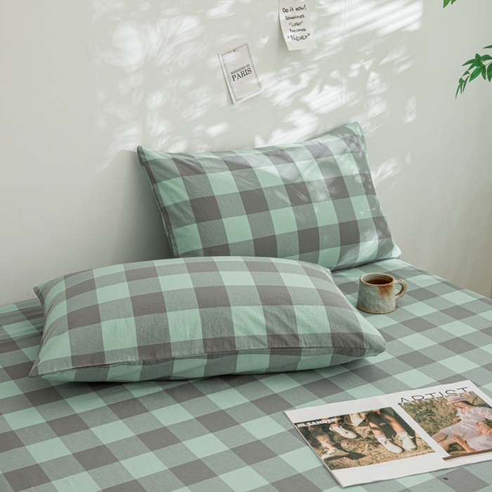 91家纺网 家纺一手货源 找家纺 柠萌家居 2023年新款无印风格A类全棉色织水洗棉四件套 艾伦-绿