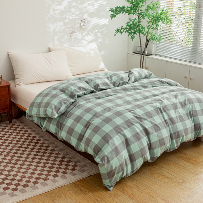 91家纺网 家纺一手货源 找家纺 柠萌家居 2023年新款无印风格A类全棉色织水洗棉四件套 艾伦-绿