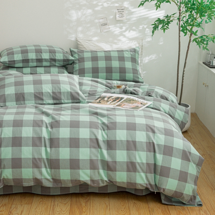 91家纺网 家纺一手货源 找家纺 柠萌家居 2023年新款无印风格A类全棉色织水洗棉四件套 艾伦-绿