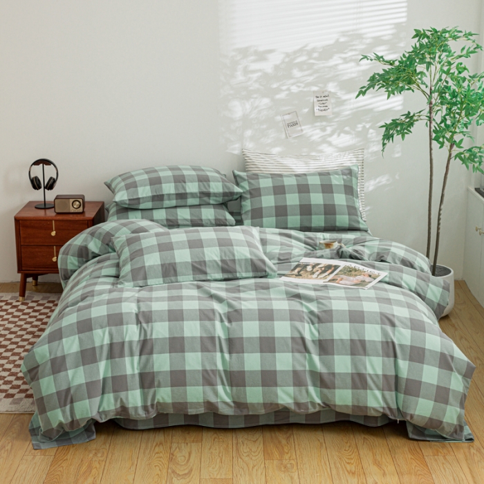 91家纺网 家纺一手货源 找家纺 柠萌家居 2023年新款无印风格A类全棉色织水洗棉四件套 艾伦-绿