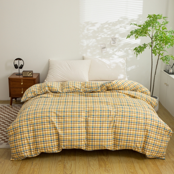 91家纺网 家纺一手货源 找家纺 柠萌家居 2023年新款无印风格A类全棉色织水洗棉四件套 布莱格-黄