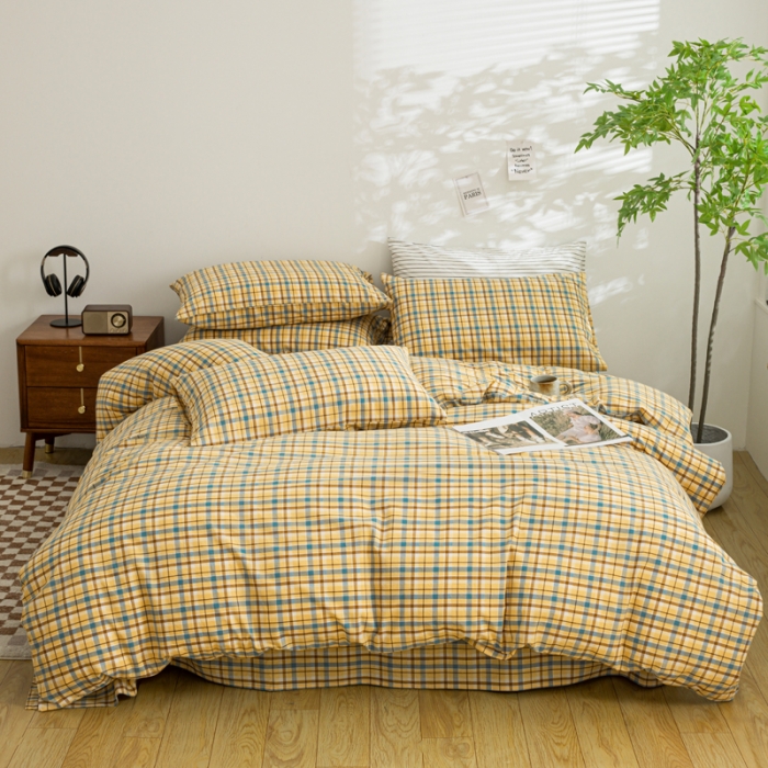 91家纺网 家纺一手货源 找家纺 柠萌家居 2023年新款无印风格A类全棉色织水洗棉四件套 布莱格-黄