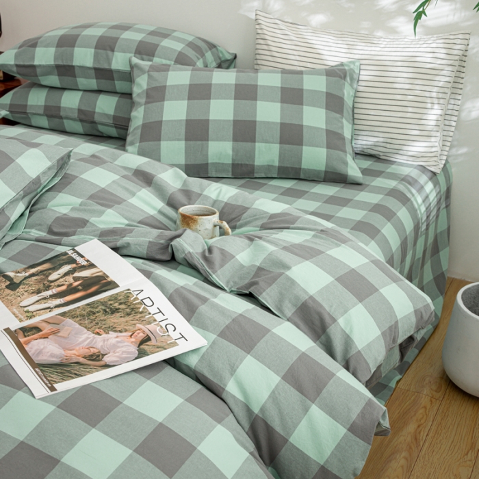 91家纺网 家纺一手货源 找家纺 柠萌家居 2023年新款无印风格A类全棉色织水洗棉四件套 艾伦-绿