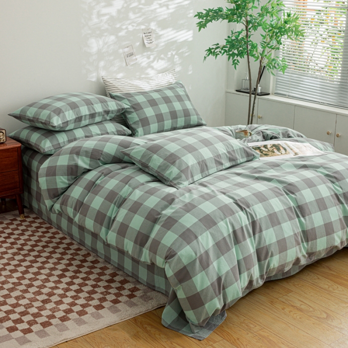 91家纺网 家纺一手货源 找家纺 柠萌家居 2023年新款无印风格A类全棉色织水洗棉四件套 艾伦-绿