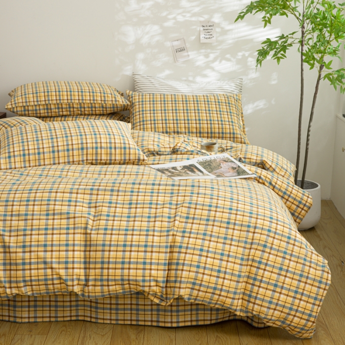 91家纺网 家纺一手货源 找家纺 柠萌家居 2023年新款无印风格A类全棉色织水洗棉四件套 布莱格-黄