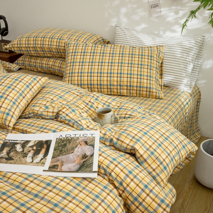 91家纺网 家纺一手货源 找家纺 柠萌家居 2023年新款无印风格A类全棉色织水洗棉四件套 布莱格-黄