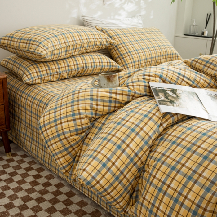 91家纺网 家纺一手货源 找家纺 柠萌家居 2023年新款无印风格A类全棉色织水洗棉四件套 布莱格-黄