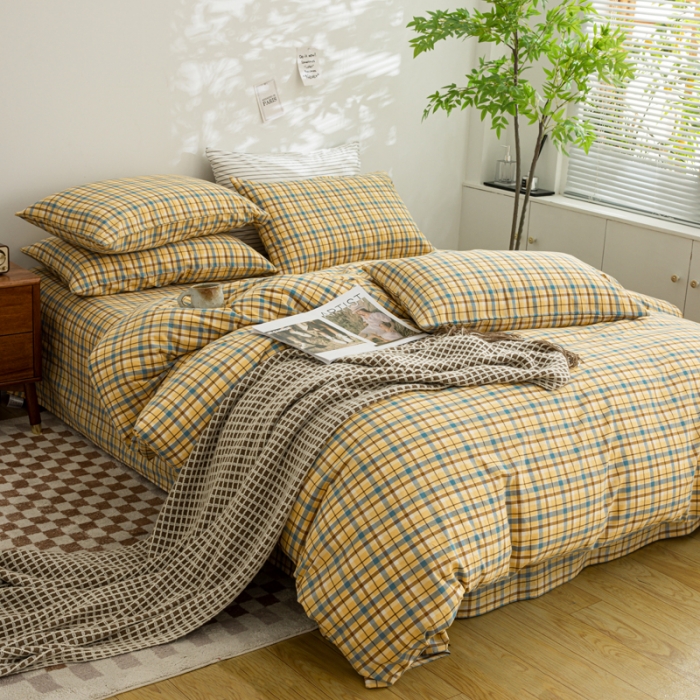 91家纺网 家纺一手货源 找家纺 柠萌家居 2023年新款无印风格A类全棉色织水洗棉四件套 布莱格-黄