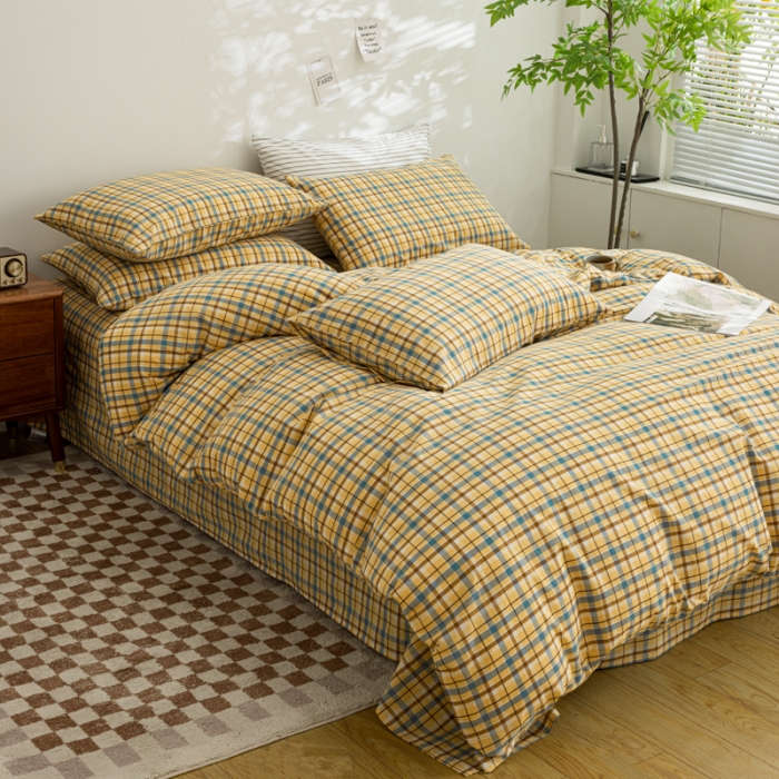 91家纺网 家纺一手货源 找家纺 柠萌家居 2023年新款无印风格A类全棉色织水洗棉四件套 布莱格-黄