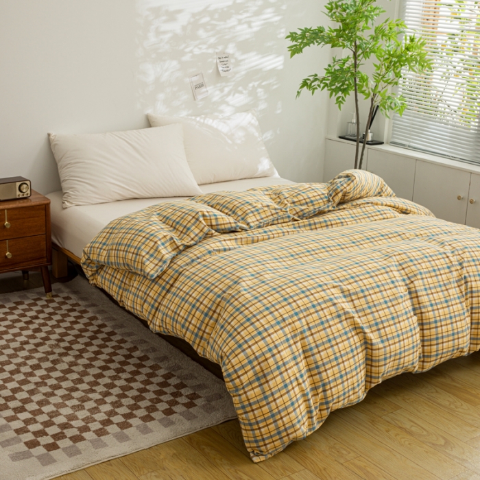 91家纺网 家纺一手货源 找家纺 柠萌家居 2023年新款无印风格A类全棉色织水洗棉四件套 布莱格-黄